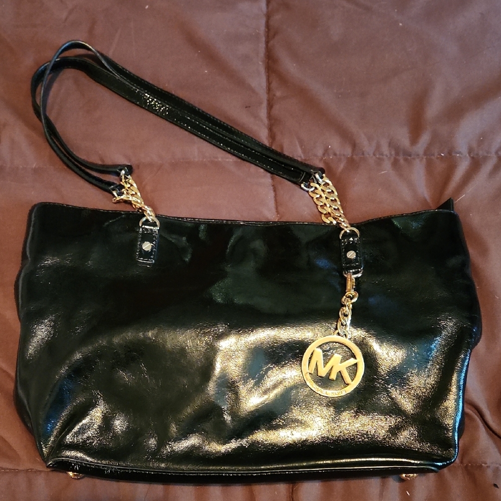 Michael Kors Shiny Black Shoulder Bag with Gold Accents